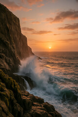 Obraz premium Sunset over crashing waves against rugged cliff shoreline