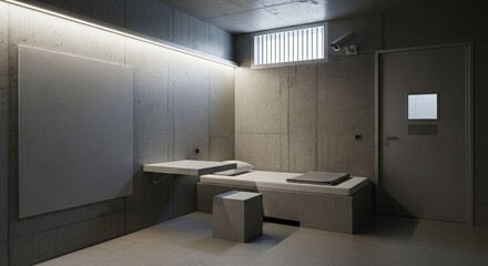 Gray concrete cell with small barred window and surveillance camera. Prison interior concept for criminal justice or solitary confinement.