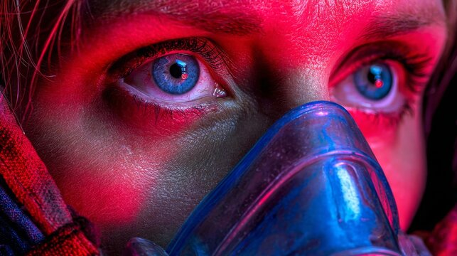Close up of a woman wearing an oxygen mask intensely lit by red and blue emergency lights in a dramatic medical situation