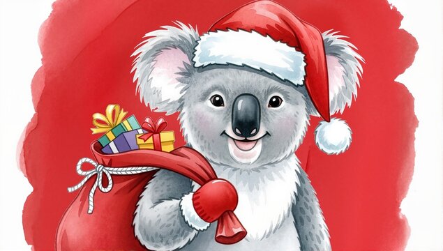 Festive illustration of a cute koala celebrating Christmas. Happy animal character wearing a Santa hat and carrying a sack of presents on a red background with copy space.