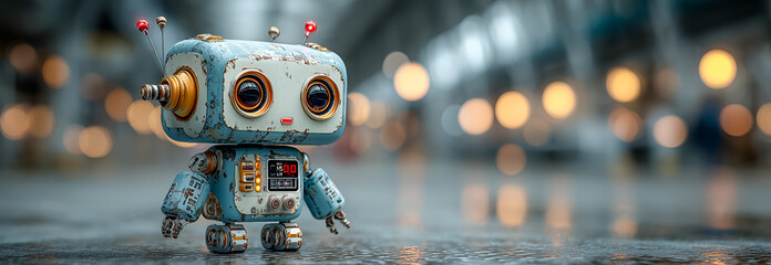 Cute cartoon robot standing on a reflective surface with bokeh lights