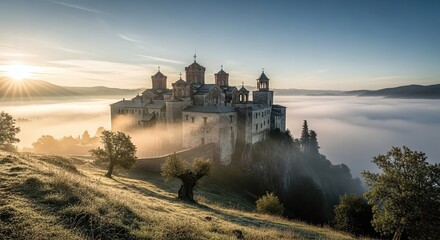 Ancient monastery rising above a sea of fog at sunrise. Historic religious architecture for travel and spiritual concept. Serene landscape.