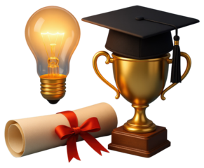 Glowing light bulb, golden trophy, graduation cap, and diploma with red ribbon illumination idea isolated on a transparent background