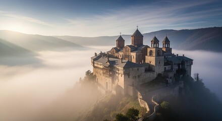 Ancient monastery built on a cliff overlooking a valley filled with ethereal fog. Spiritual landmark on a misty morning. Architectural, religious concept for travel.