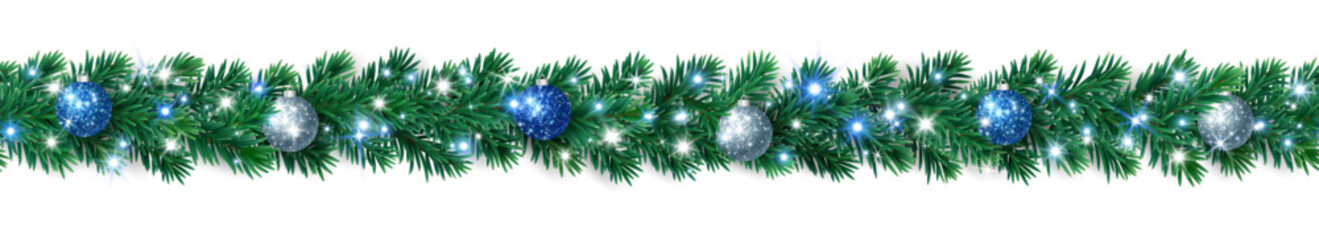 Seamless Christmas tree garland with blue, white, and silver baubles and glowing lights. Festive evergreen border for holiday cards, banners, and Christmas designs.
