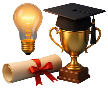 Glowing light bulb, golden trophy, graduation cap, and diploma with red ribbon illumination idea isolated on a transparent background
