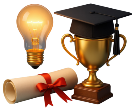 Glowing light bulb, golden trophy, graduation cap, and diploma with red ribbon illumination idea isolated on a transparent background - Powered by Adobe
