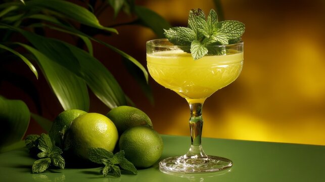 A colorful daiquiri cocktail is elegantly presented in a classic glass. Fresh mint leaves and limes surround the drink, creating a refreshing summer vibe