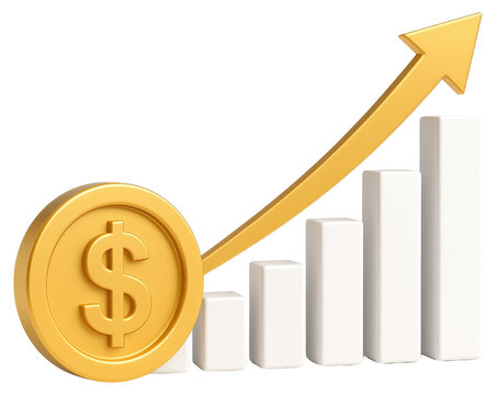 Golden dollar coin and rising bar graph with yellow arrow indicating financial growth finance money isolated on a transparent background