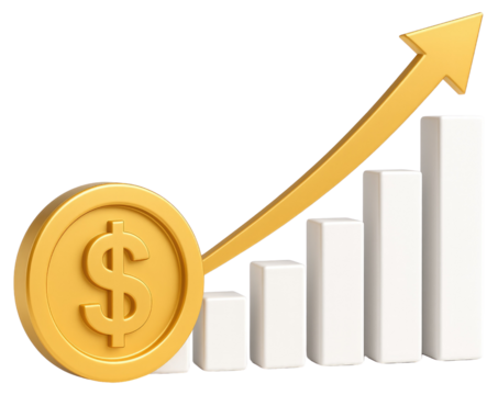 Golden dollar coin and rising bar graph with yellow arrow indicating financial growth finance money isolated on a transparent background