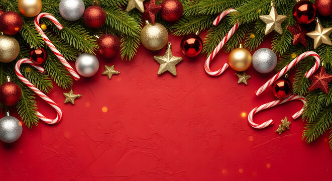 Christmas ornaments, stars, candy canes and pine branches on textured red background - Powered by Adobe