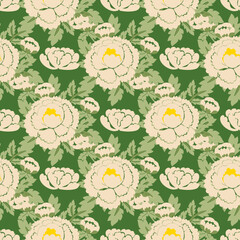 Seamless pattern, Peony, Floral print, Repeat pattern, Botanical, Flower pattern, Textile, Fabric, Wallpaper, Background, Vintage, Elegant, Cottagecore, Nature, Bloom, Blossom, Leaf, Rose, Drawing, Ve
