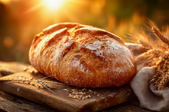 Rustic freshly baked artisan bread loaf with golden crust placed on wooden board beside wheat stalks and grains under warm natural sunlight background