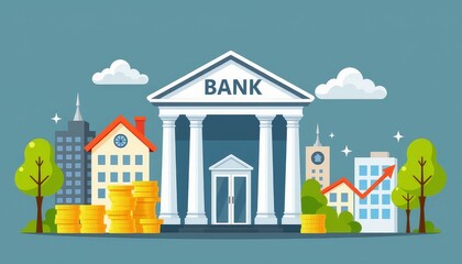 Global economic inflation impact on banking sector in urban environment minimal illustration concept