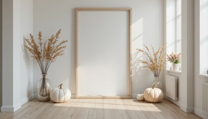 A bright, minimalist interior with a large empty frame on the wall. Two white pumpkins and decorative plants are placed on the wooden floor.