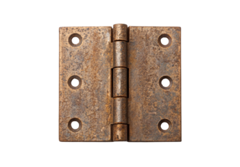 Antique rusty door hinge, flat metal hardware with corrosion, six screw holes, vintage architectural salvage, isolated on a transparent background