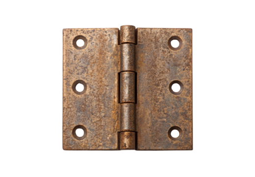 Antique rusty door hinge, flat metal hardware with corrosion, six screw holes, vintage architectural salvage, isolated on a transparent background