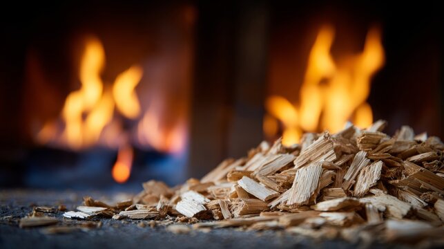 Close up photo shows wood chips burning in biomass power plant. The flames and fire generate heat. Eco-friendly renewable energy source. Environment friendly concept of fuel. Industrial tech process.