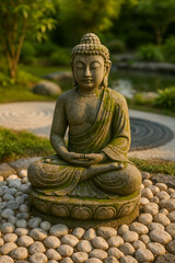 Fototapeta premium Serene buddha statue surrounded by pebbles in a garden setting
