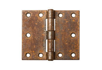 Antique rusty door hinge, flat metal hardware with corrosion, six screw holes, vintage architectural salvage, isolated on a transparent background
