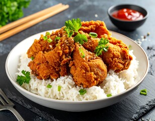 Fried chicken on white rice, garnished with parsley, with chopsticks & sauce