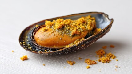 The danger of fresh seafood containing harmful bacteria. Diseases caused by dangerous bacterial contamination. A detailed macro shot of bacteria clinging to a mussel, showing microbial contamination.