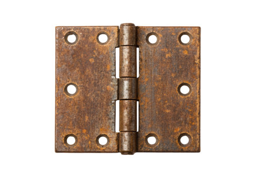 Antique rusty door hinge, flat metal hardware with corrosion, six screw holes, vintage architectural salvage, isolated on a transparent background