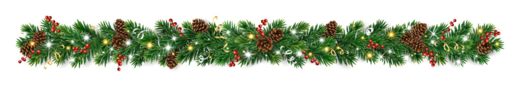 Christmas tree garland with pine cones, holly berries, ribbons, and glowing lights. Realistic festive border for Christmas design. Transparent background in vector file.
