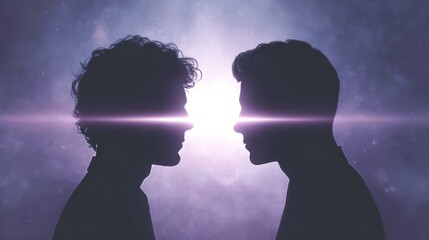 The law of attraction and manifestation that helps attract love and healthy relationships. Two people looking at each other intensely with a luminous energy line connecting them.