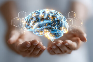 Human hands holding glowing futuristic neural network hologram brain symbolizing technology and artificial intelligence innovation in healthcare and science research