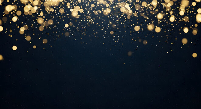 Dense gold bokeh cluster at top with floating particles on dark background