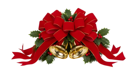 Red velvet christmas bow with golden bells and holly isolated on transparent background