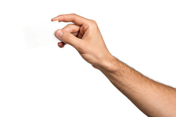 Human hand holding small blank card, identification paper, clean template for branding, communication message symbol, advertising concept, corporate presentation gesture, isolated on transparent