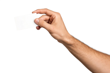 Human hand holding small blank card, identification paper, clean template for branding, communication message symbol, advertising concept, corporate presentation gesture, isolated on transparent