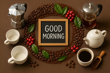 Coffee morning setup with coffee beans teapot cups moka pot and good morning sign flat lay