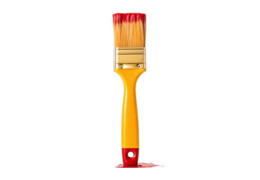 Yellow paintbrush with red-tipped bristles standing upright in red paint, isolated on a transparent background