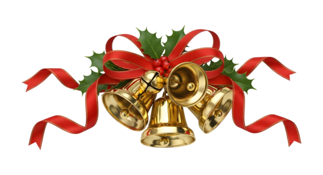 Golden christmas bells with red ribbon and holly isolated on transparent background