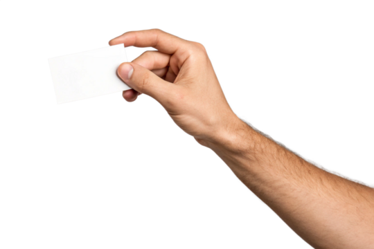 Human hand holding small blank card, identification paper, clean template for branding, communication message symbol, advertising concept, corporate presentation gesture, isolated on transparent