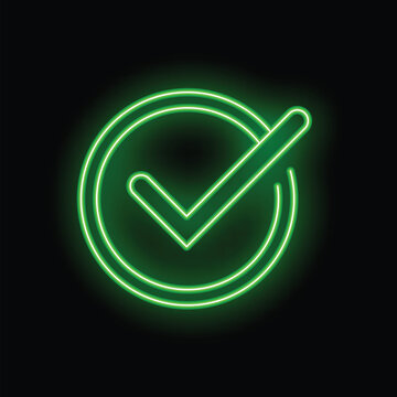 Bright green neon check mark glowing on a dark background