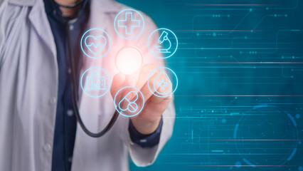 Doctor uses digital technology, stethoscope touching virtual screen, symbolizing modern telemedicine future. Healthcare professional connecting patient data, advanced diagnosis, innovation concept.