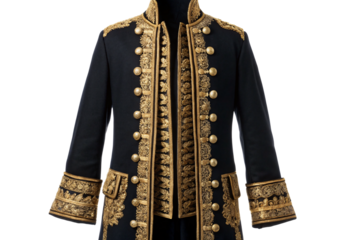 Ornate black naval coat with elaborate gold embroidery and decorative buttons, isolated on a transparent background