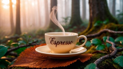 A white cup of hot coffee with the word &ldquo;Espresso&rdquo; on it, set in a forest scenery.