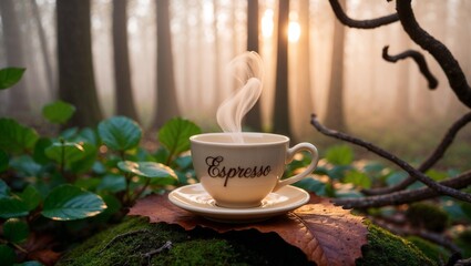 A white cup of hot coffee with the word &ldquo;Espresso&rdquo; on it, set in a forest scenery.