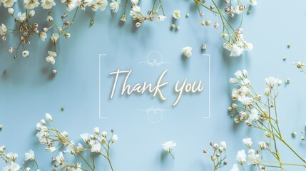 A light blue background with delicate white flowers arranged around the text 'Thank you'. The scene conveys a sense of gratitude and appreciation.