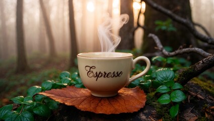 A white cup of hot coffee with the word &ldquo;Espresso&rdquo; on it, set in a forest scenery.