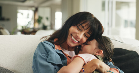 Smile, hug and mother with child on sofa in home with love, support and care in living room. Happy,...