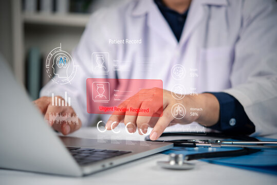 Doctor analyzing digital patient record on laptop screen, AI interface urgent review required data. Healthcare professional using technology for fast diagnostic, medical consultation in clinic.