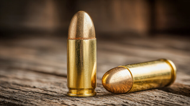 Two metallic cartridges with copper-colored tips resting on a wooden surface in warm natural light highlighting their detailed texture and shine