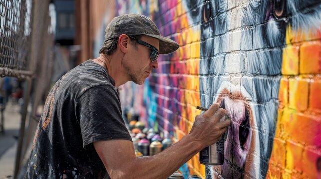 A street artist uses spray paint to create a vivid mural of an animal face on a brick wall, eyes focused - Powered by Adobe