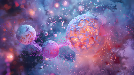 A vibrant 3D illustration of sperm cells entering the egg, symbolizing fertilization and the beginning of life.